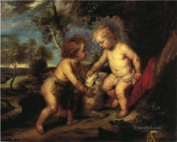 クリスチャン・イエス Painting - ルーベンスを模した幼児キリストと幼児聖ヨハネ 印象派セオドア・クレメント・スティール